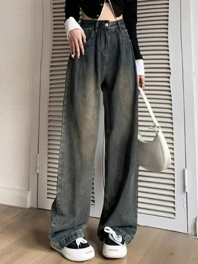 Spring Chicly Washed Vintage Straight Female High Waisted Jeans New Basic Simple Casual Classic Zipper Button Baggy Jeans Women