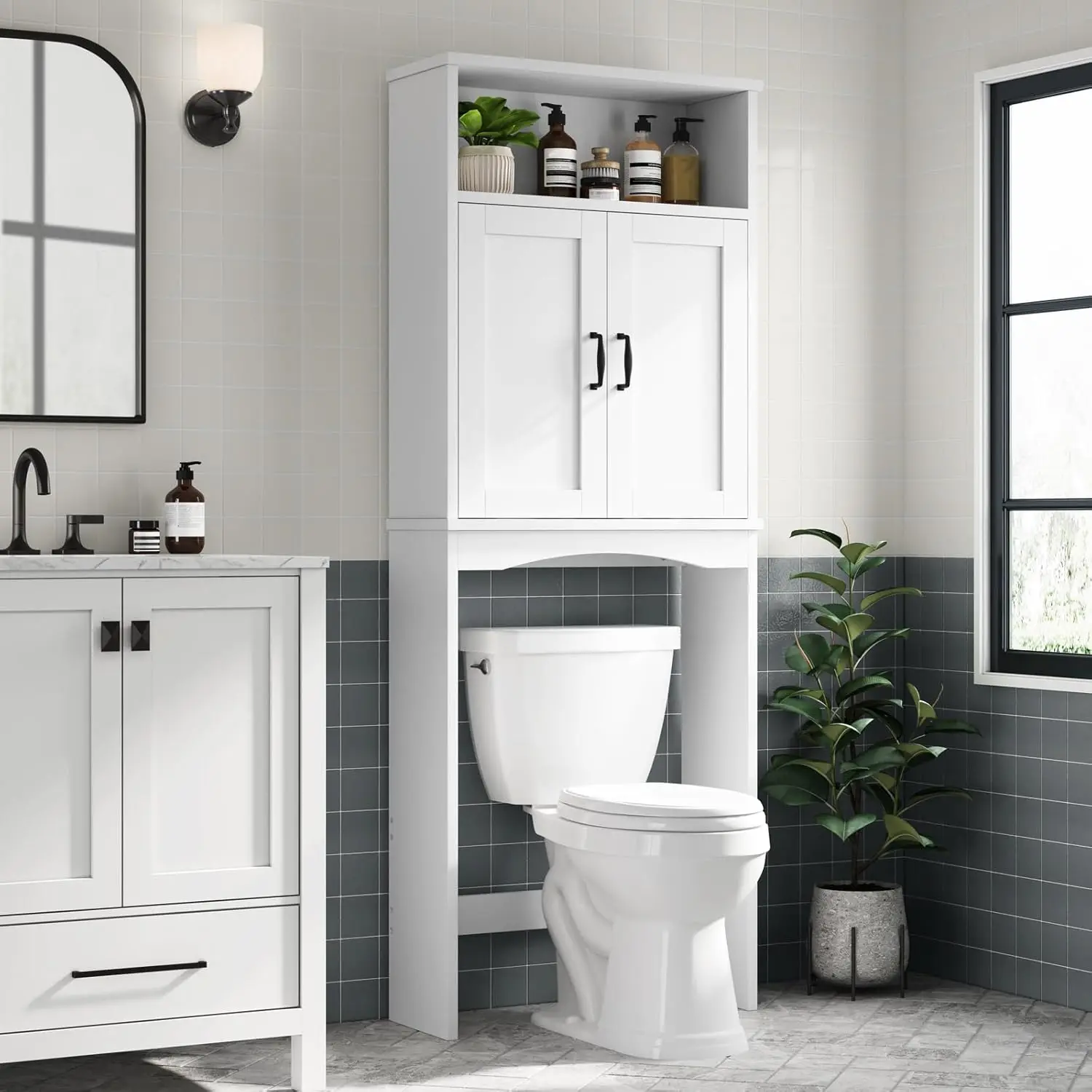 

Over The Toilet Storage Cabinet, Over Toilet Storage Bathroom Organizer with Inner Adjustable Shelf and Top Open Storage Abov