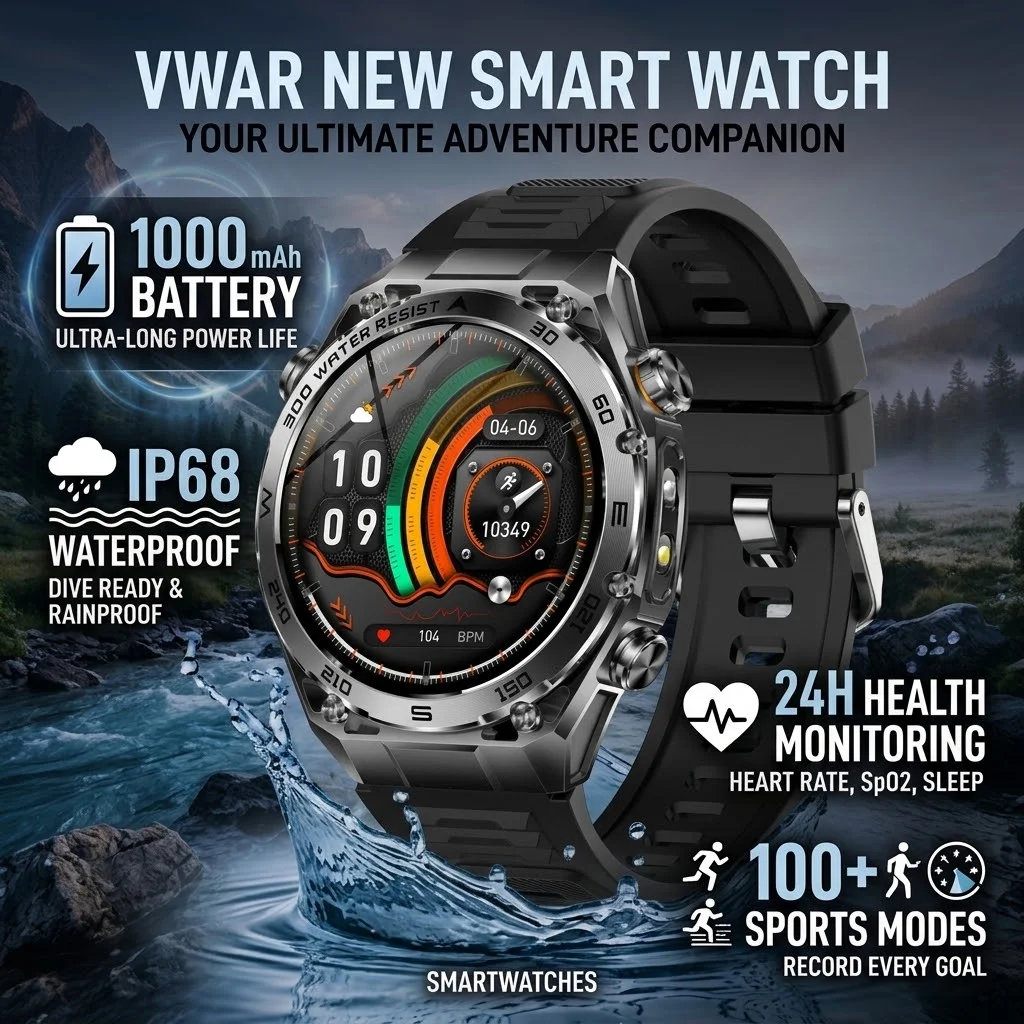 New VWAR Smart Watch 1.53-inch HD Screen IP68 Waterproof 1000 mAh Battery 24H Health Mornitoring 100+ Sports Modes Smartwatches