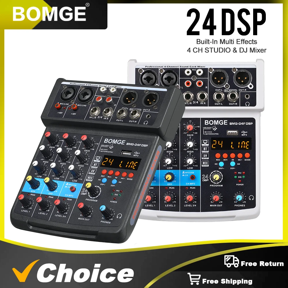 BOMGE Audio Mixer 4 Channel 24 DSP USB Sound Card Interface Console with Bluetooth 48V Phantom Power Recording to PC