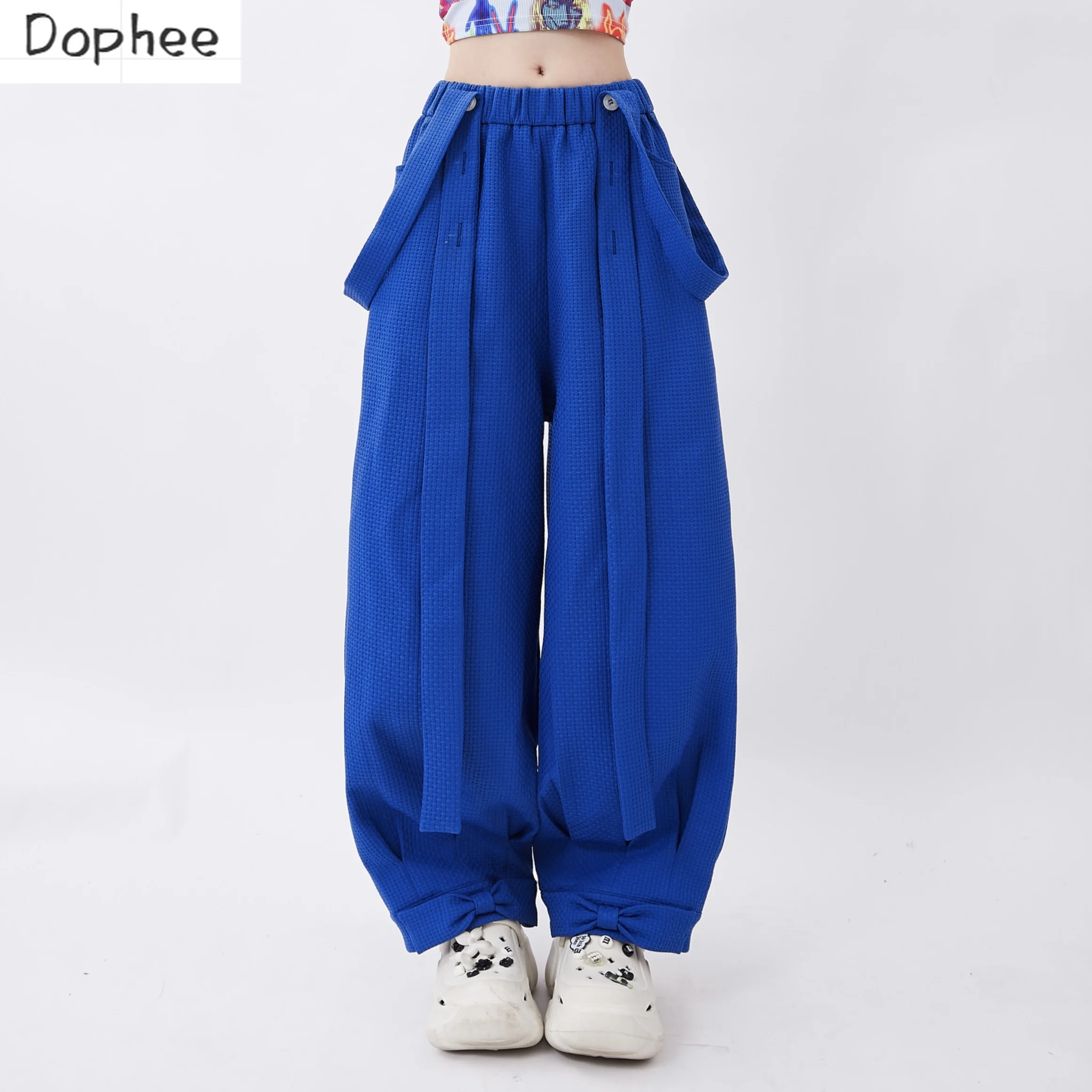 

Dophee Original Klein Blue Women's Overalls New Autumn Dopamine Bowknot Lantern Trousers Elastic Waist Casual Straight Pants