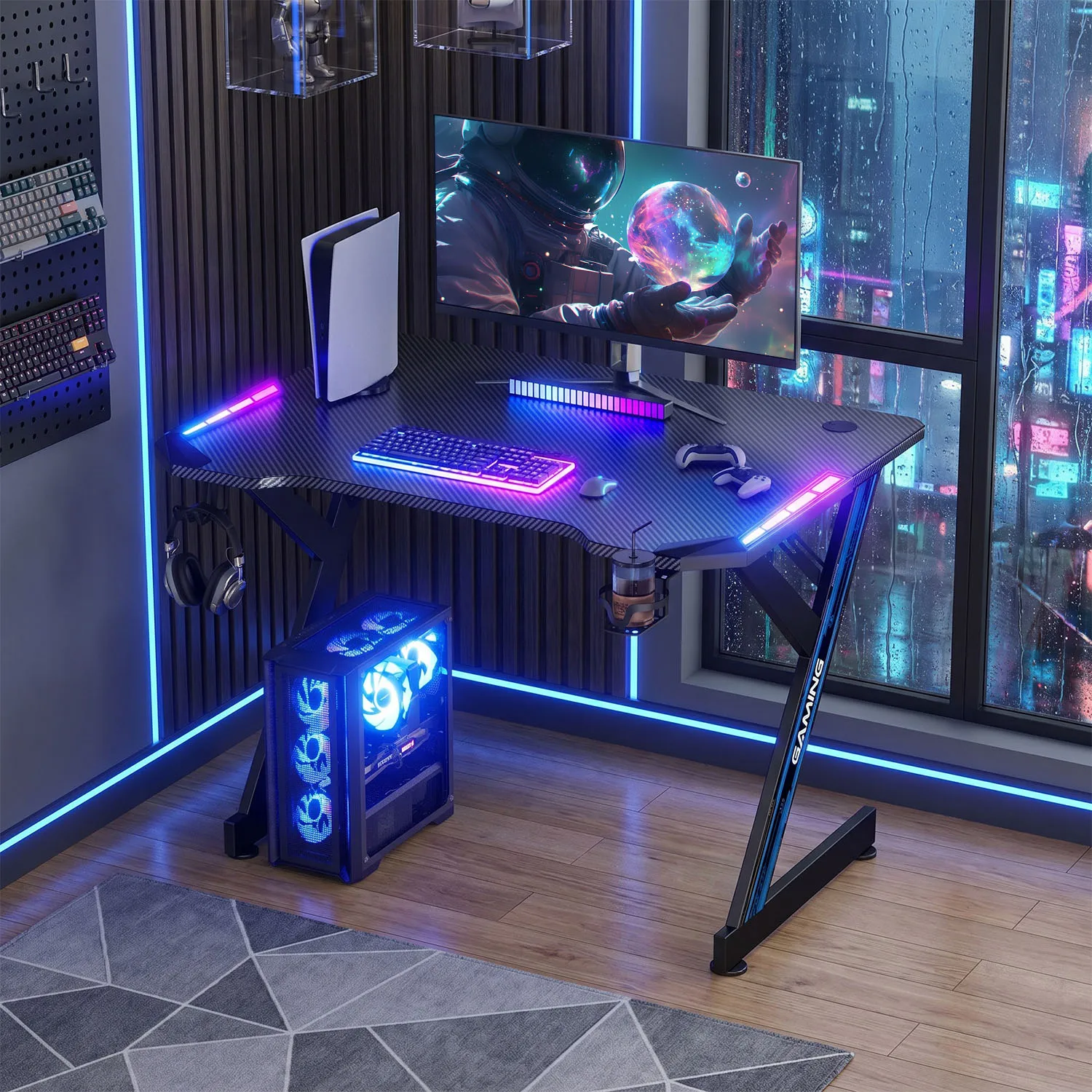 NEBMAAX RGB Gaming Desk Carbon Fiber Workstation LED Lights Cup Holder Headphone Hook Black Large Monitor Home Office Computer Desk