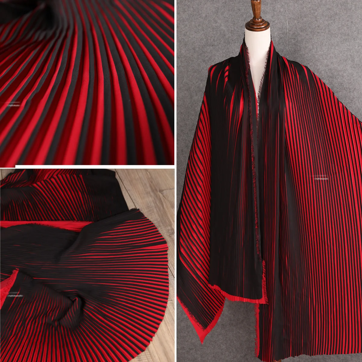 Black Red Stripe Pleated Chiffon Fabric Per Half Meter,Sew Dress Designer Fabric,DIY Fashion Creative Quilting Materials