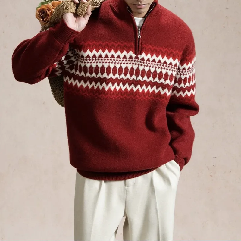 

Men's Fair Isle Knit Sweater, Half-Zip Vintage Pullover, 2025 Old Money Christmas, Date Red with Scarf​