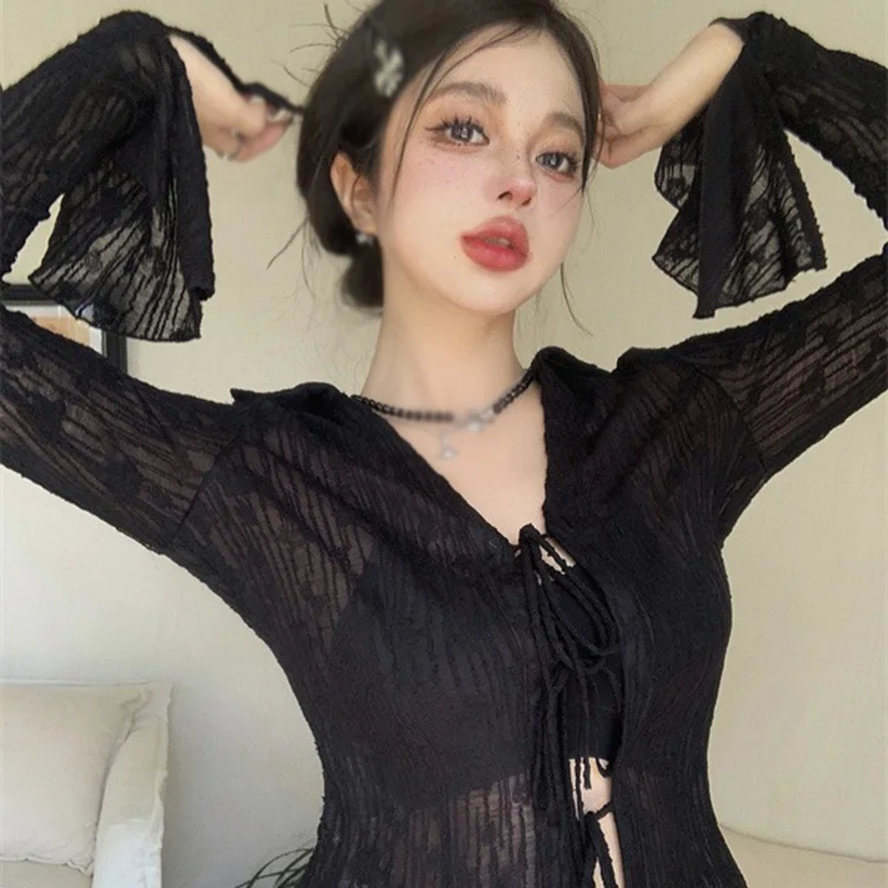 Women\'s Lace Blouse V-neck Mesh See-through Chiffon Sunscreen Cardigan Tops Summer Waist Tie Flared Sleeve Shirt Jacket