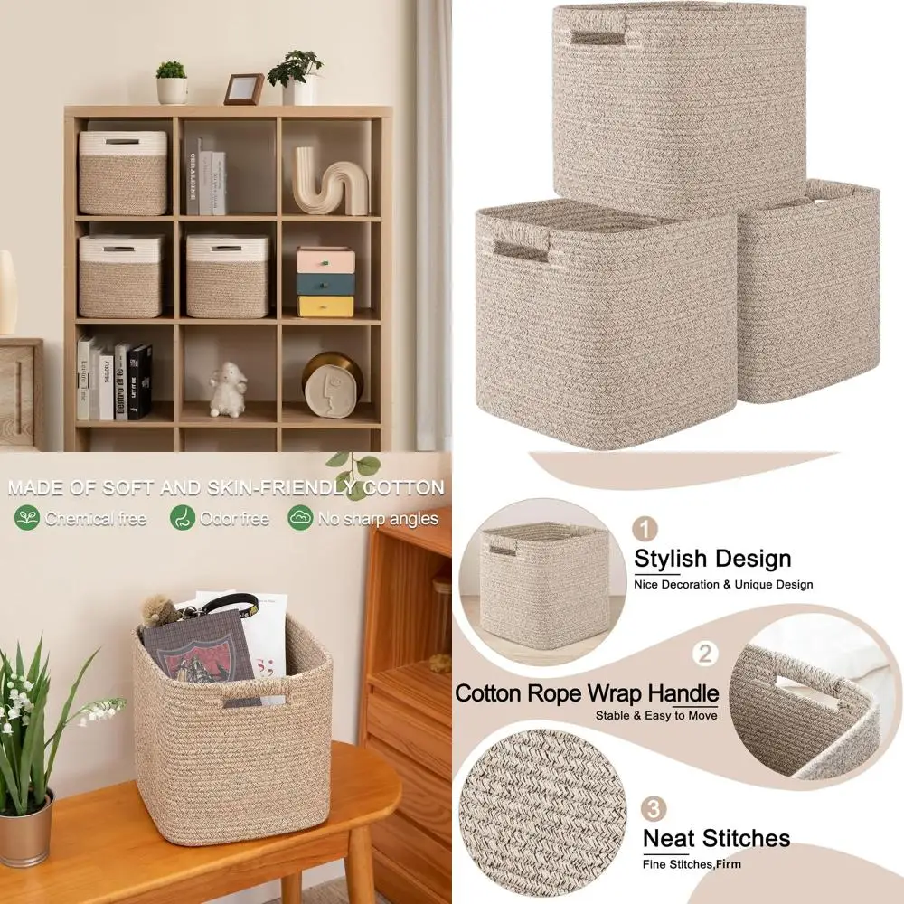

Set of 3 - 11 Cotton Rope Storage Cubes, Brown, for Organizing Shelves, Classroom, Toys, Closets, Nursery