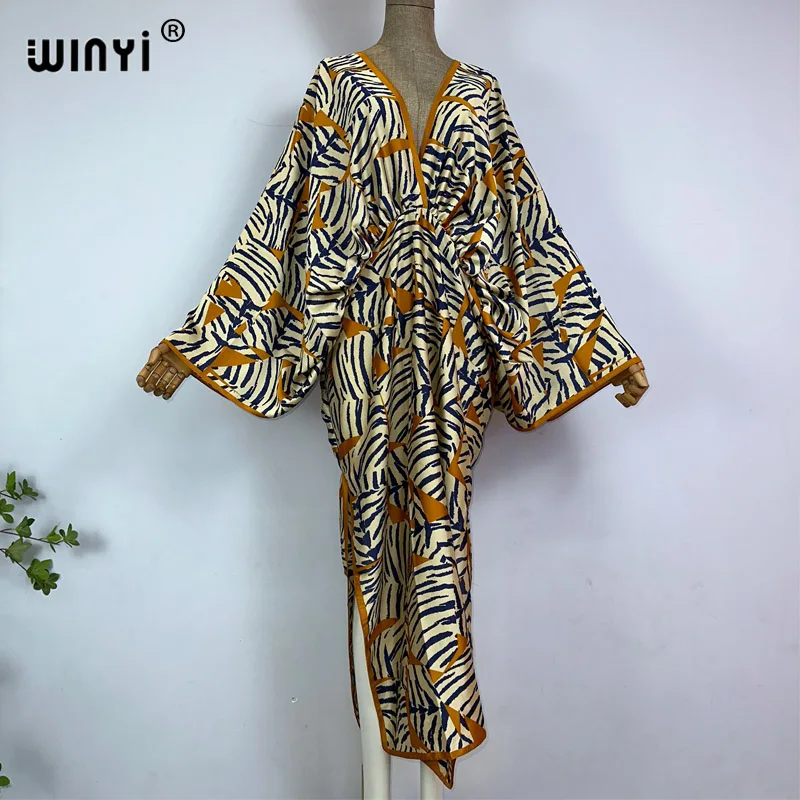 WINYI nowy letni wysoki widelec seksowny boho sukienka z nadrukiem kobiet kaftan z bohema długa rękawem kaftan damska moda okrycie plażowe Up