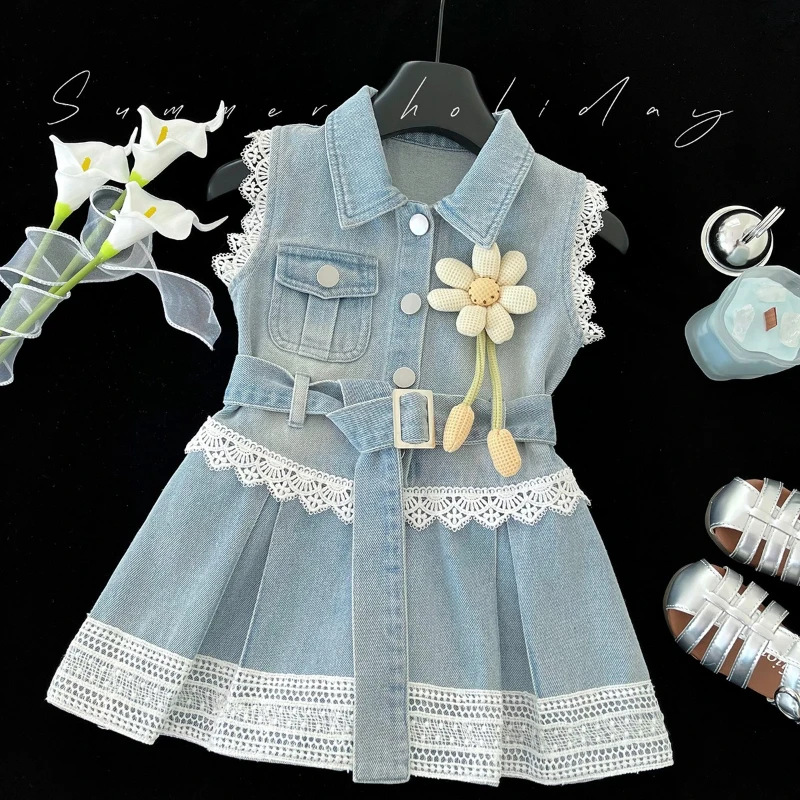 Vestido vaquero para niña, novedad De verano, estilo, vestido sin mangas con apliques De retales De encaje para niña, Ropa De Niña