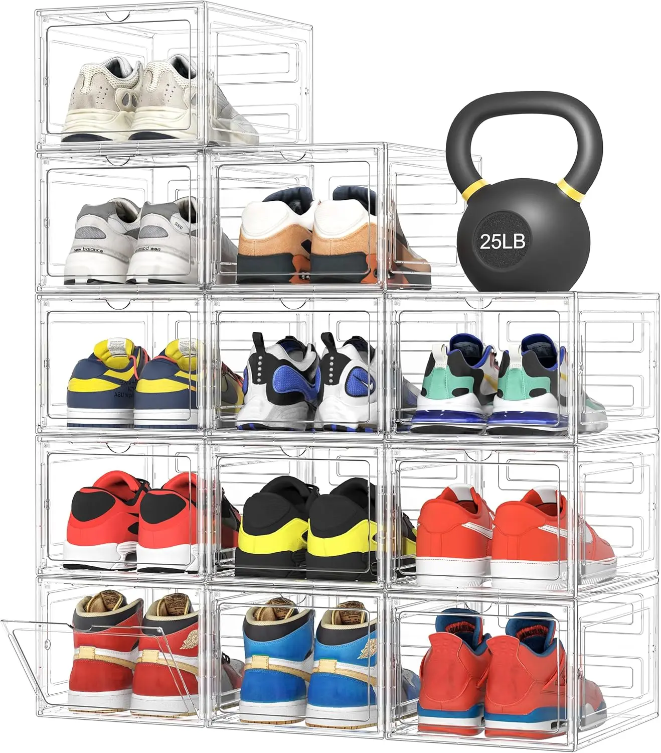 

Upgraded Hard Shoe Storage Box 12 Pack X-Large Fit Size 12, Thick Sturdy Clear Plastic Stackable Organizer with Magnetic Door
