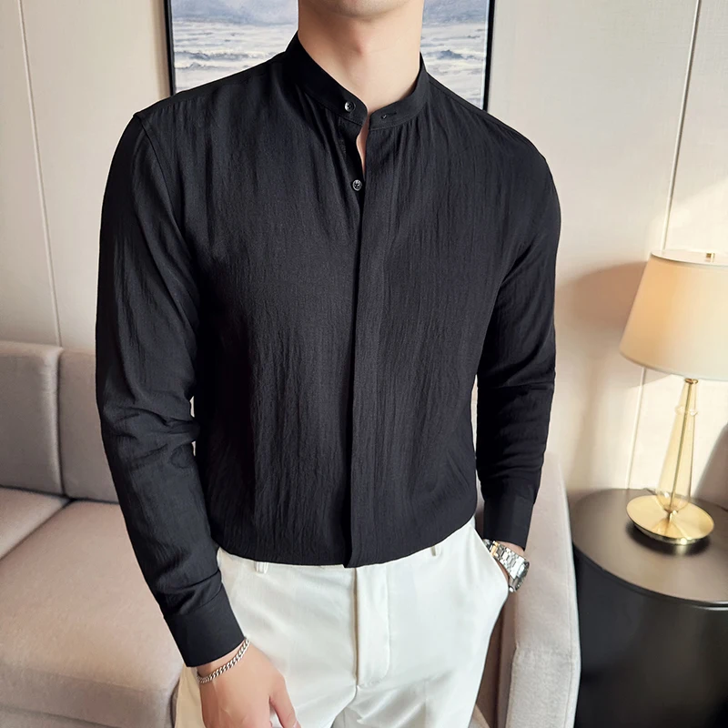 Men Linen Shirt, Chinese Standing Collar, 2024 Summer New Light and Thin Long Sleeved Shirt, Fashionable and Casual Men Clothing