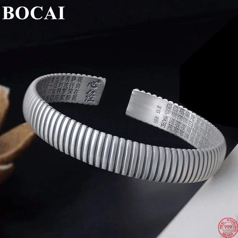 BOCAI S999 Sterling Silver Bracelets for Women New Popular Stripe Pattern Heart Sutra Bangle Argentum Jewelry Free Shipping