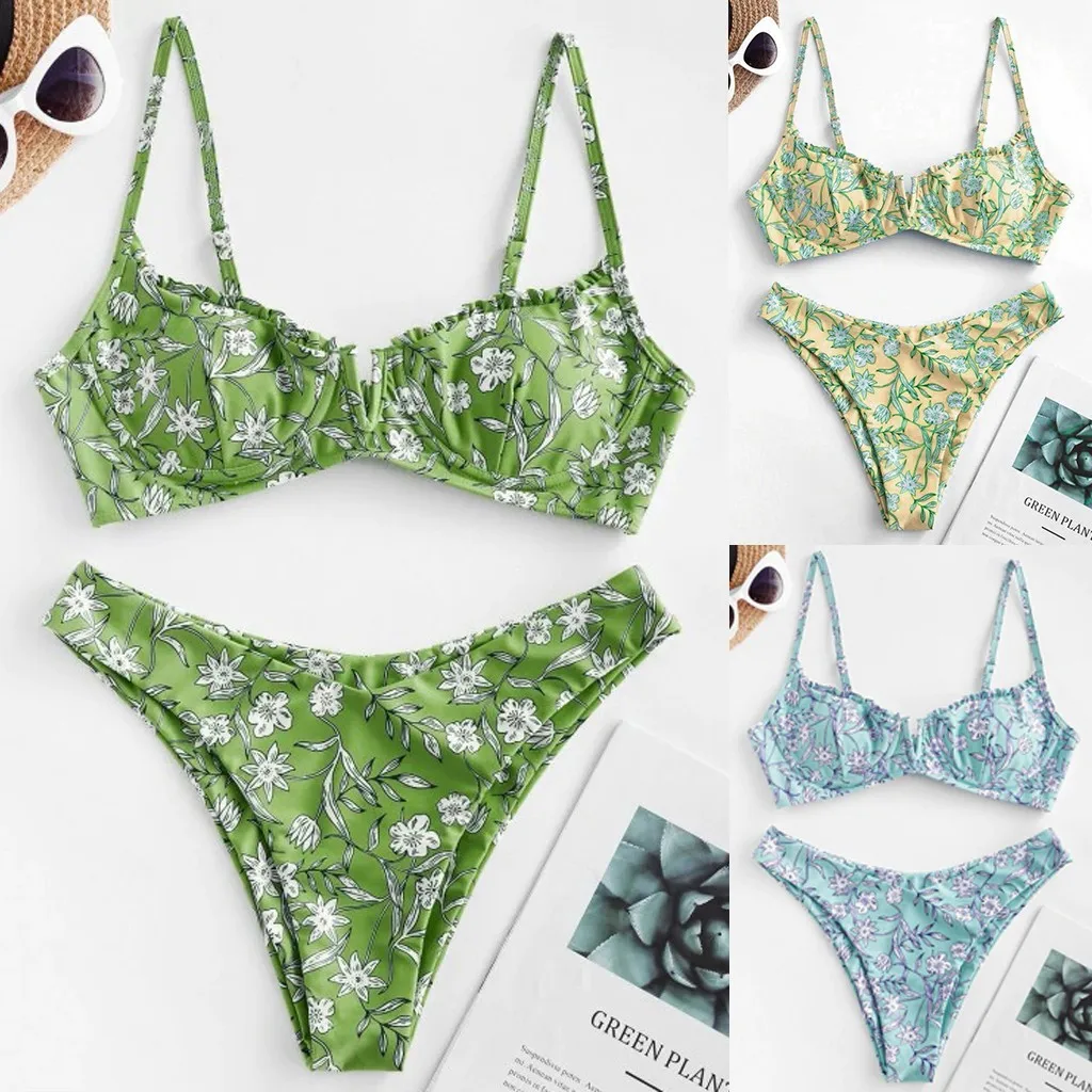 Women\'s Sexy V Support Floral Printing Bikini Swimsuit 2024 Sexy Female Push Up Swimwear Brazilian Micro Bikini Two Pieces Suits