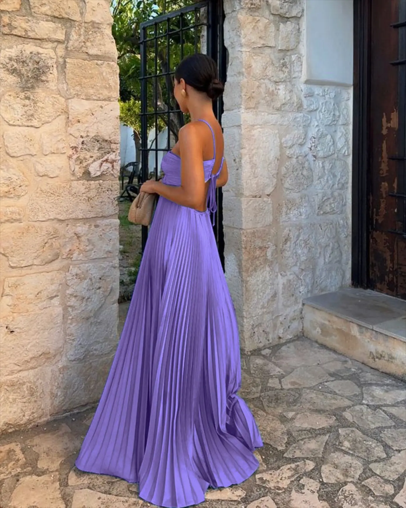 Blue Pleated Halter Long Dress Women's Solid Sleeveless Backless Lace-up Maxi Dress Summer Beach Vacation Evening Party Vestidos