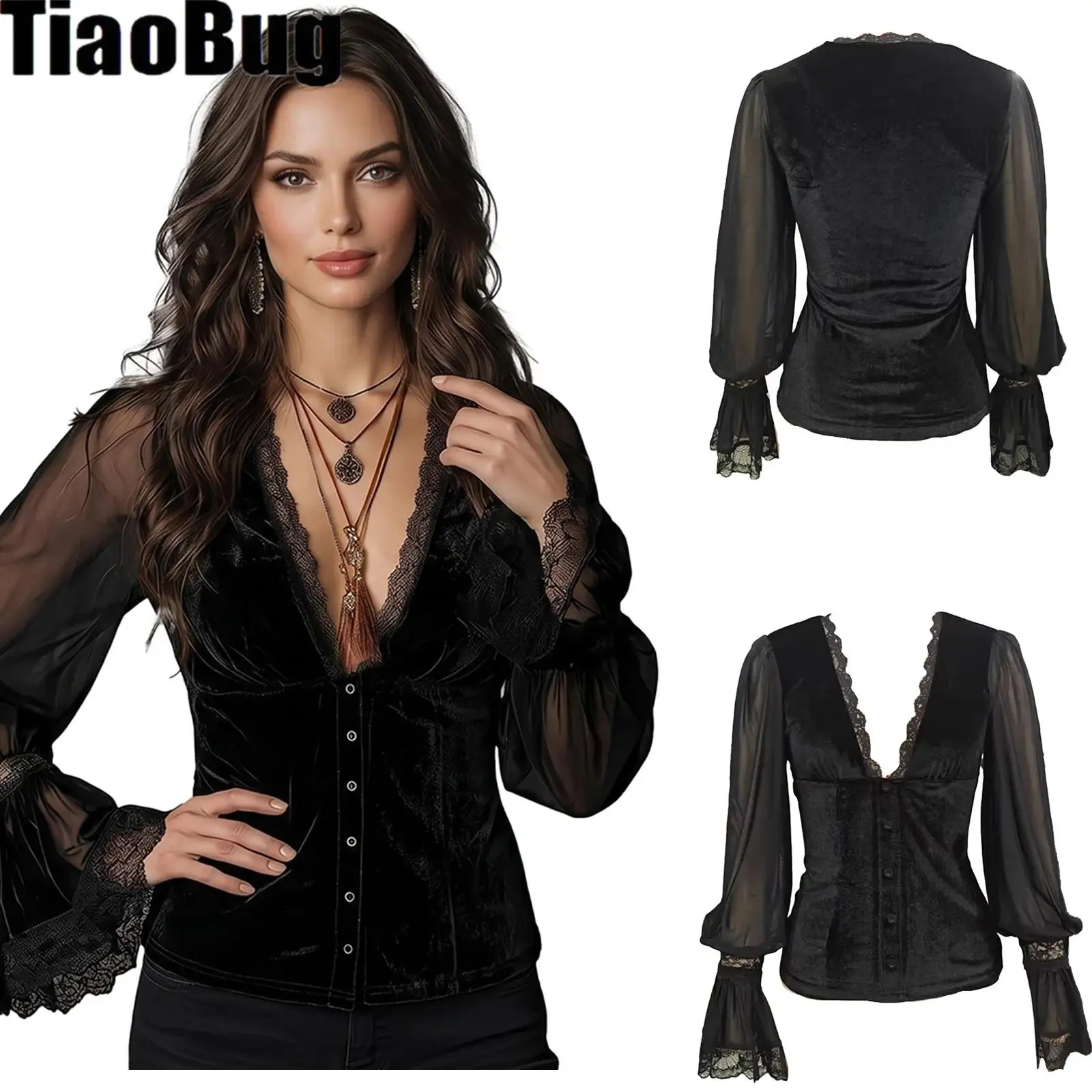 Womens Deep V Neck Sheer Shirt Vintage Gothic Blouse Lace Trim Long Sleeves with Flared Cuffs Velvet Shirt Top for Cocktails