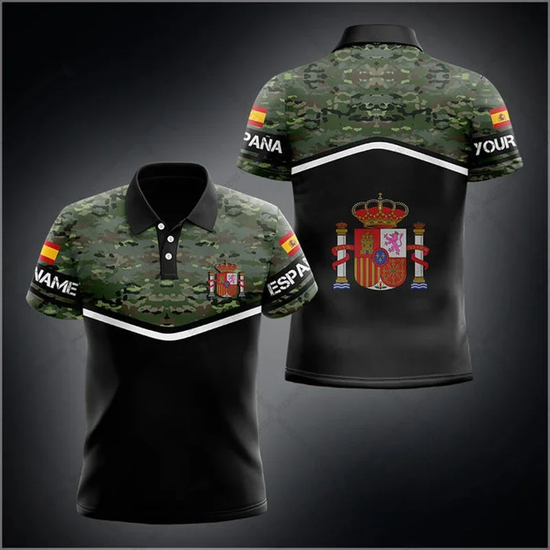 

Custom Name Spain Skull Graphic Camouflage Polo Shirt Summer Unisex Casual Streetwear Loose Fast Dry Jersey Oversize Sportswear
