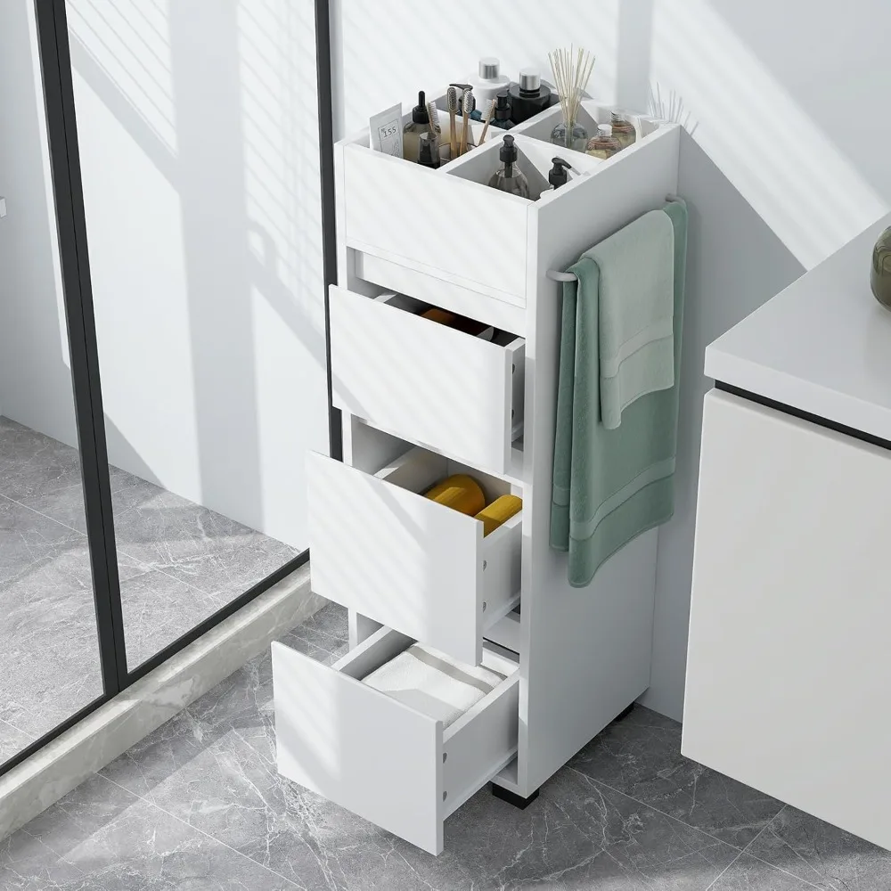

Square Bathroom Floor Cabinet, Independent Storage Cabinet with 3 Drawers, 4 Top Partitions, and 1 Towel Rack