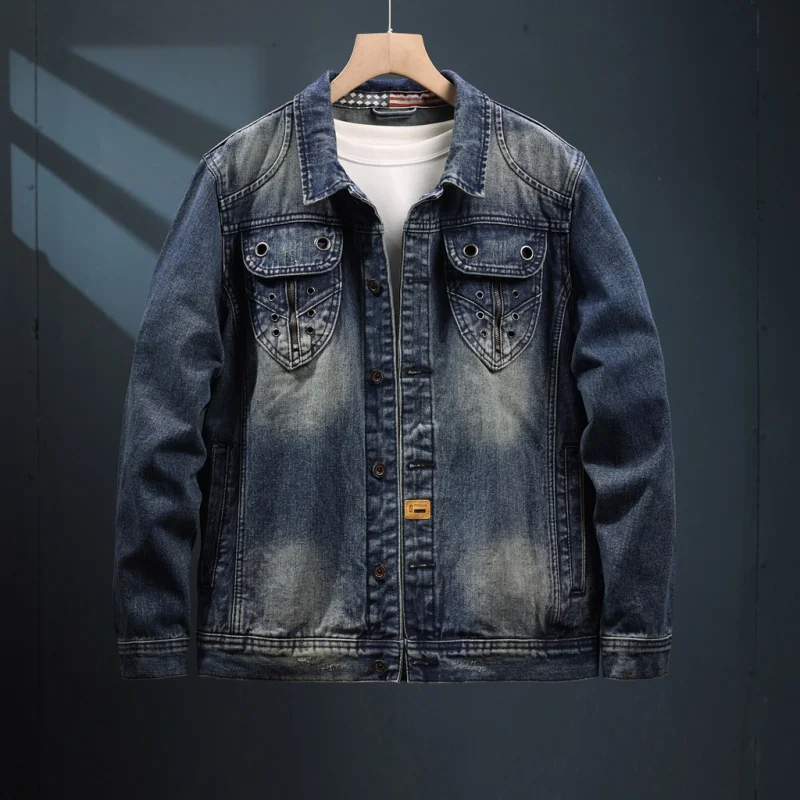 Veste en jean vintage de style américain pour hommes, délavée, conception de poche personnalisée, vêtements de moto de rue, nouveau, automne, 2024