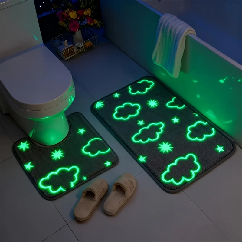 2PCS/set Non‑Slip Mat Toilet Mat Polyester Simple Grey‑White Cloud Star Bathroom 2‑Piece Mat Set Non‑Slip Wear‑Resistant Toilet