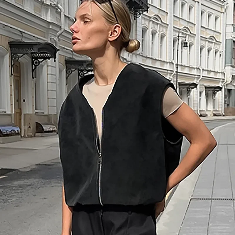 

Women's Autumn Vest Fashion Vintage Sleeveless Zipper V-Neck Commuter Vest Coats Casual Loose Streetwear Female Outwear