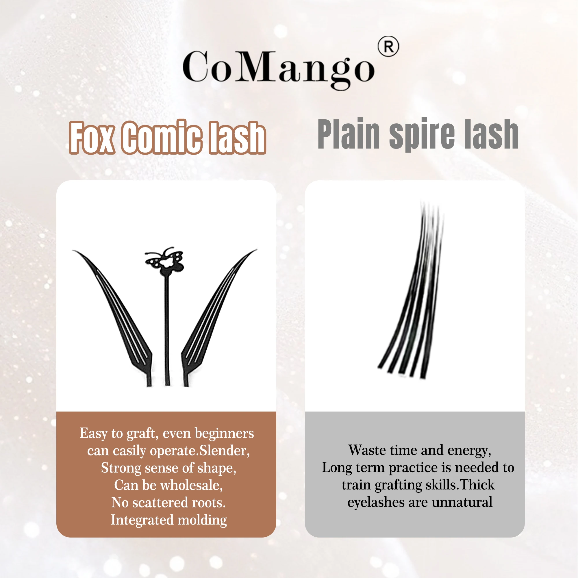 CoMango ขนตาปลอมลักษณะขนเฟดเดอร์ รูปทรงลิ่ม ของฟ็อกซ์คอมิก สไปร์และขนตาเสริมความหนาแบบรัสเซียนวอลุ่ม