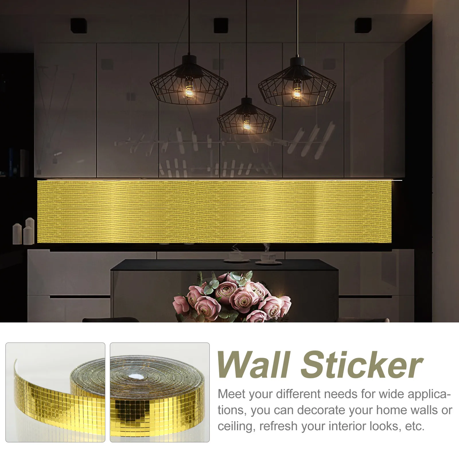 Self-Adhesive Mosaic Tile Mirror Stickers Square Roll Waterproof Glass Fiber Wall Decals for Bathroom Kitchen Living Room