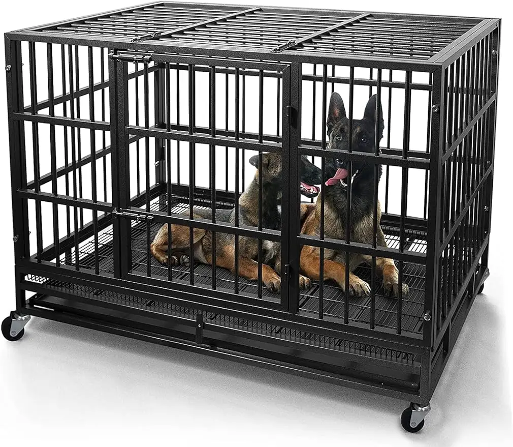 

48/38 Inch Heavy Duty Indestructible Dog Crate Cage Kennel with Wheels, High Anxiety Dog Crate, Sturdy Locks, Double Door