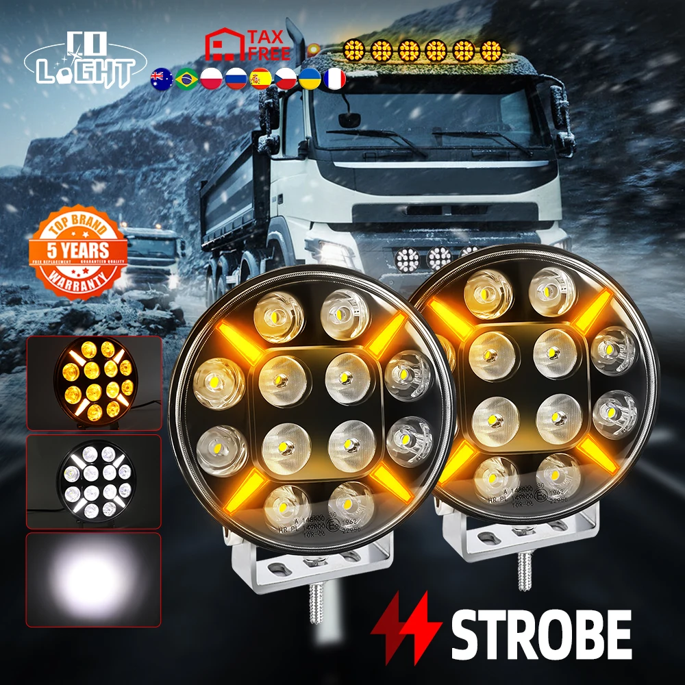 

CO LIGHT 9" Round Off Road LED Driving Truck Work Spotlight Headlight DRL White Flash Turn Signal Light Yellow 12V 24V SCANIA