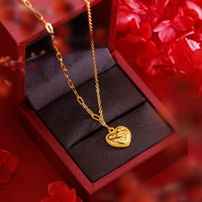 9999 real gold 24K yellow gold Heart-shaped clavicle necklace love chain necklace