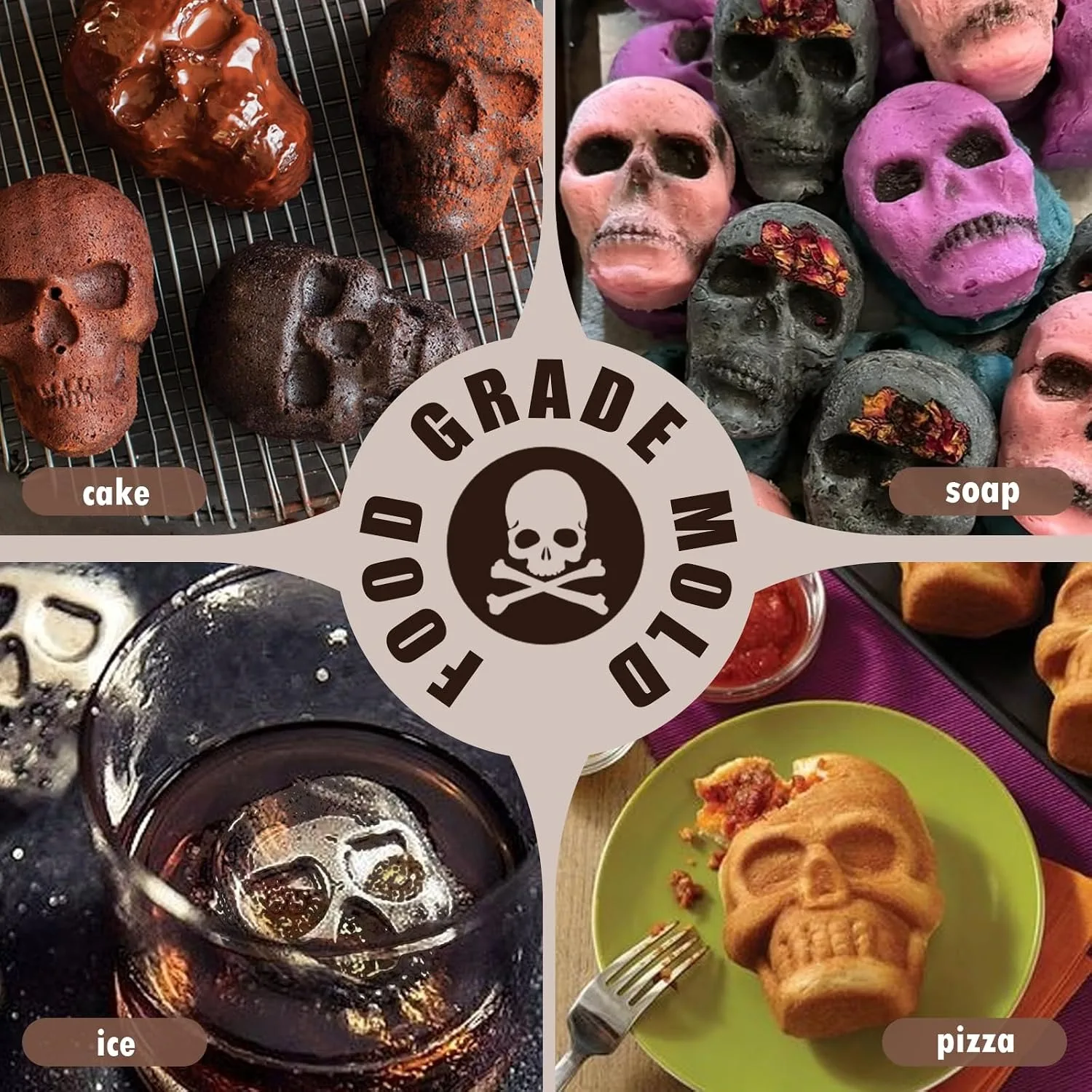 Skull Silicone Baking Pan for Halloween Pizza Cake 6 Cavities 3D Large Molds Nonstick Skeleton Head for Soap Ice Tray Oven Safe
