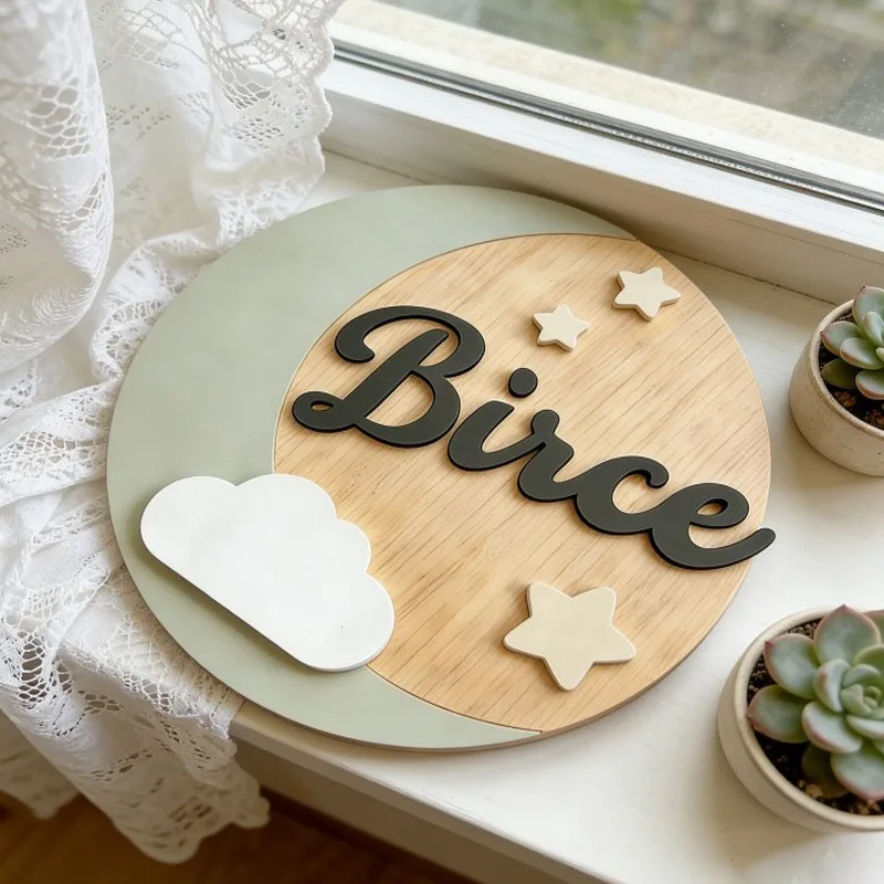 Custom Wooden Name Sign, 3D Cloud & Star Decor, Personalized Baby Name Plaque, Nursery Room Ornament, Tabletop Decor, Newborn Ba