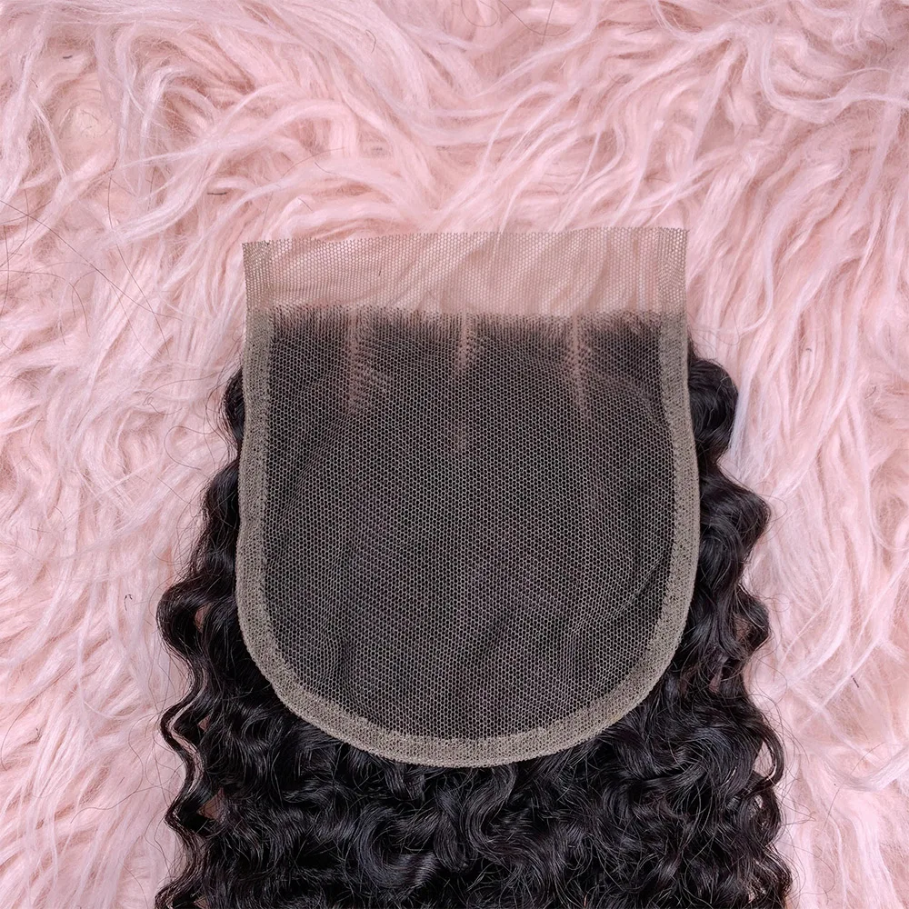 Cierre frontal de encaje 4x4 100%, cierre de encaje atado a mano, cabello humano natural Remy Pixie Curl, cierre de encaje transparente, solo tres partes