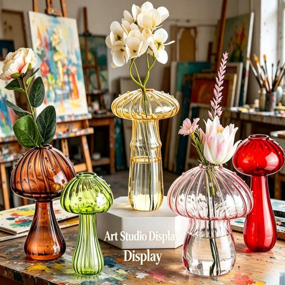 5Pcs/set Mushroom Propagation Vase Colored Flower Vases Decorative Unique Small Glass Vases for Bedroom Bathroom Kitchen
