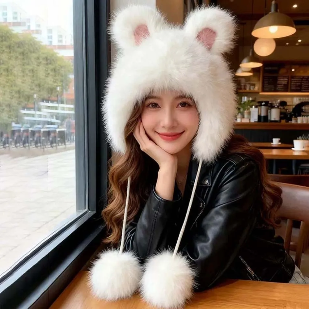 

Skiing Anti-cold Winter Plush Hat Windproof Solid Color Rabbit Ear Warmer Hat Cartoon Soft Ear Protection Cap Women