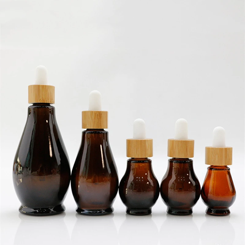 Brown Calabash Glass Essential Oil Dropper Bottle Bamboo Portable Beauty Amber Fragrance Vials Black Cosmetic Perfume Vial