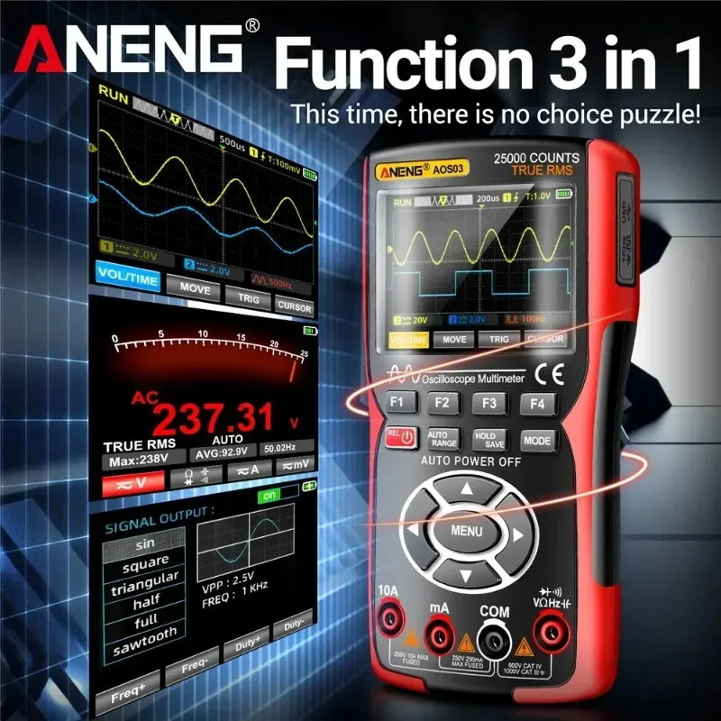 AOS03 Oszilloskop-Multimeter 3-in-1 Handheld – 25000 Zählungen Zweikanal 200MSa/s VA-Display Wellenform Handheld Oszilloskop AOS03 Oszilloskop-Multimeter 3-in-1 Handheld – 25000 Zählungen Zweikanal 200MSa/s VA-Display Wellenform Handheld Oszilloskop