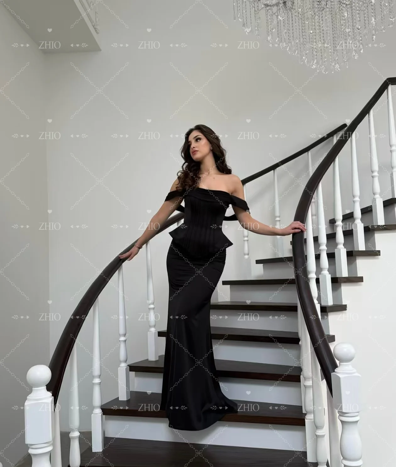 فستان سهرة بحورية البحر باللون الأسود الأنيق من ZHIO بدون أكتاف متدرج بطول الأرض من الساتان العربي السعودي فستان حفلات رسمي مخصص