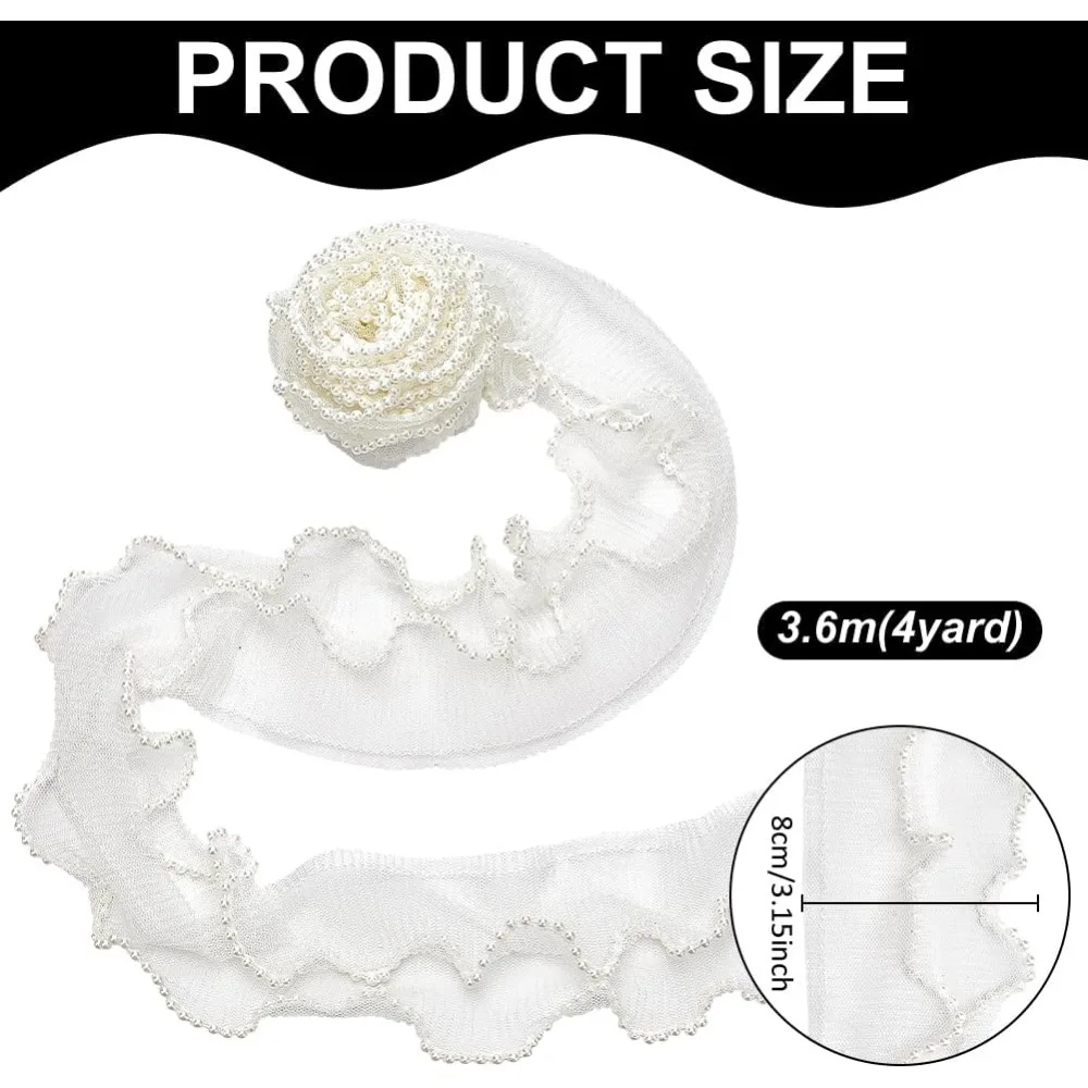 2 Layer Polyester Pleated Lace Trim with Plastic Beads Lace Ribbon for Garment Accessories White 3-1/8 inch(80mm)