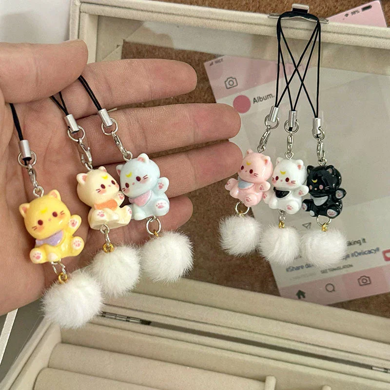 Cartoon Kitten Plush Ball Keychain Anti Lost Phone Charm Pendant Cellphone Chain Phone Lanyard Strap Women Girls