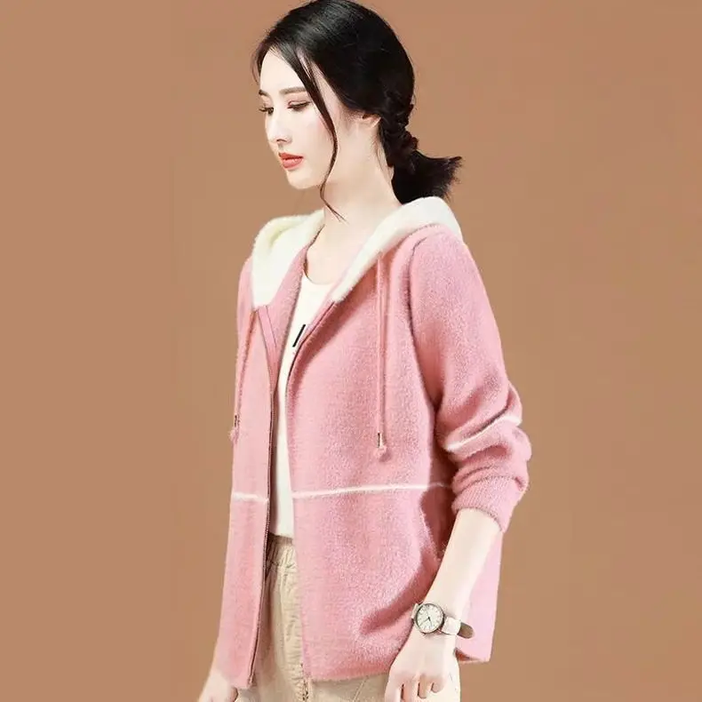 Casual Hooded Imitation Mink Velvet Cardigan Women Korean Fashion Loose Sweater Jacket Fall Soft Long Sleeve Knitted Coat U795