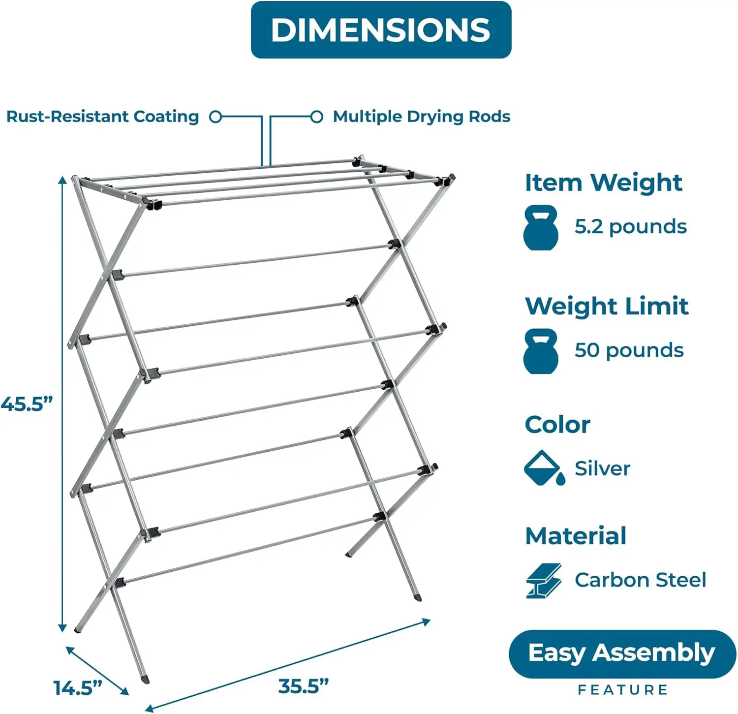 Foldable Laundry Drying Rack, Steel, 50lb Capacity, Portable & Space-Saving, Silver