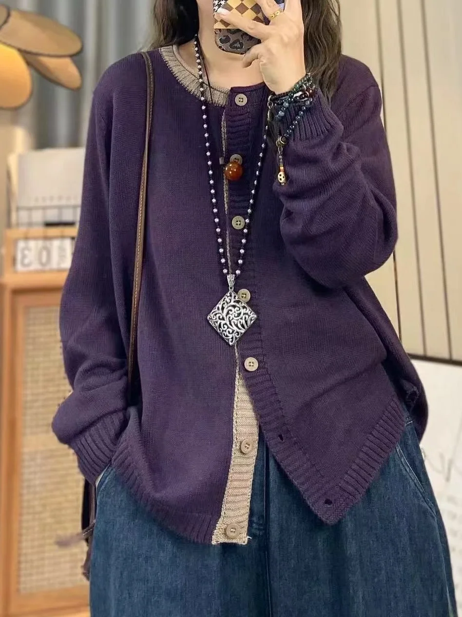 Loose Fit Color Block Single Button Women's Knitwear Spring Autumn Casual Long Sleeve round Neck Sweater Coat City Walk Commute