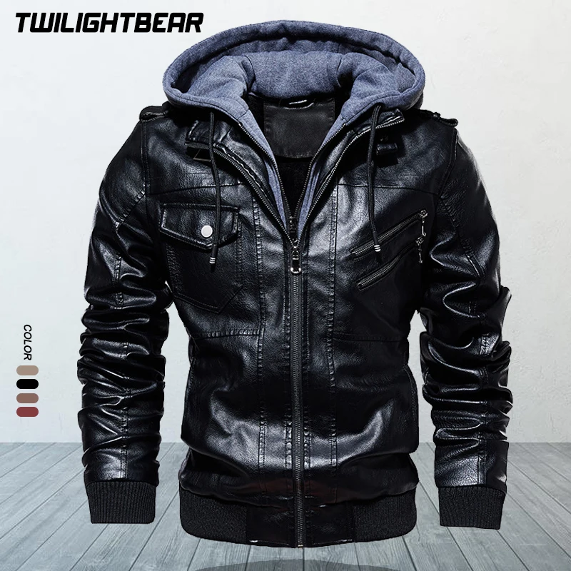 

Hooded Men's Leather Jacket Coat Autumn Winter Streetwear Retro PU Leather Biker Jacket Men Clothing Casual Coats
