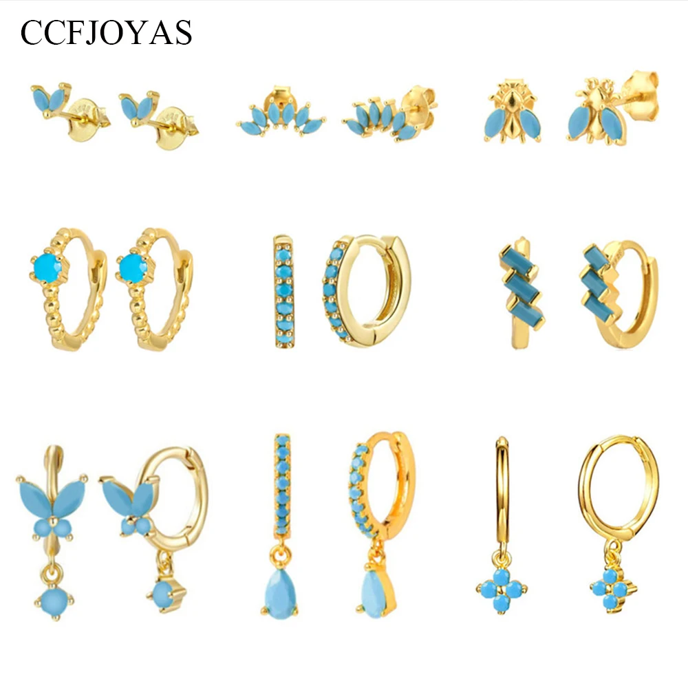 CCFJOYAS High-Quality 925 Sterling Silver Turquoise Earrings for Women Simple Mini Piercing Hoop Earrings Fashion Jewelry