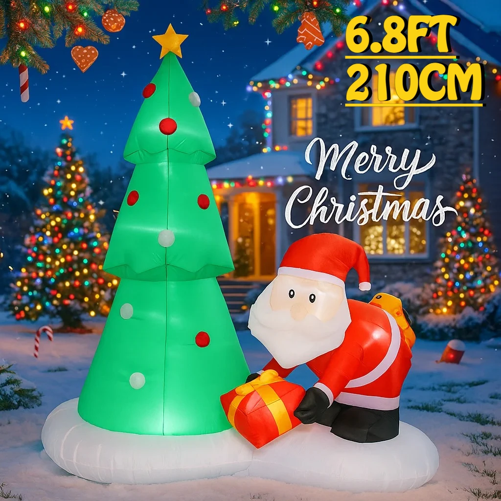 6.8FT Santa Claus And Christmas Tree Inflatable Christmas Decorations Ornaments Lights Outdoor Decoration Yard Holiday Party Toy