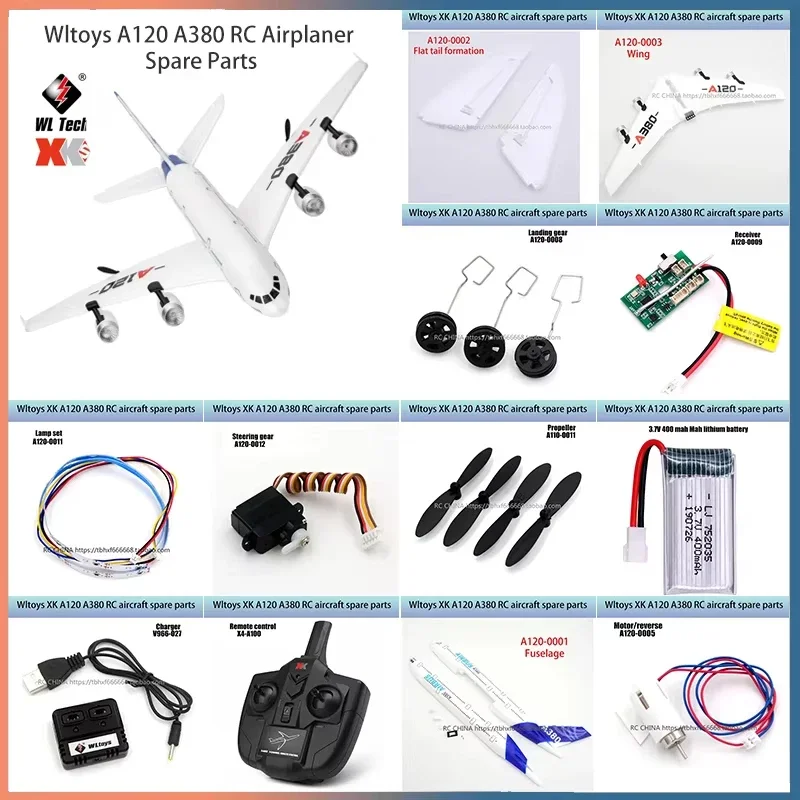 Wltoys-Pièces de rechange pour avion RC, A120, A380, hélice à lame, train d'atterrissage, moteur, récepteur, servomoteur, chargeur de lumière, télécommande