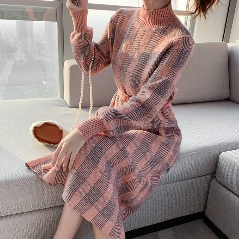 

Warm Female New Fashion Korean Elasticity Thickening Knitted Pink Sweater Dress Autumn Winter Women Ruffles Mermaid Maxi Dress