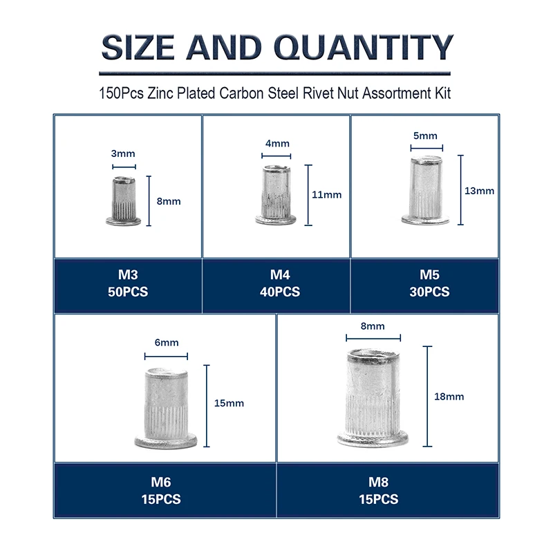 Kit d\'Écrous à Rivets, Outil de Réparation, Rivetgun, Vis à Tête Plate, 150 Pièces, 1 Pistolet, 5 Mandrins, M3 M4 M5 M6 M8
