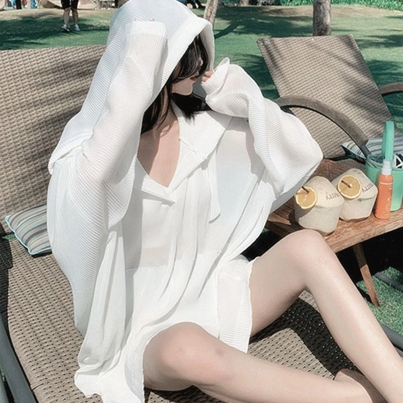 

Летняя тонкая плиссированная накидка с капюшоном больших размеров, средней длины, для защиты от солнца, женская верхняя одежда в корейском стиле, свободного кроя, длинная