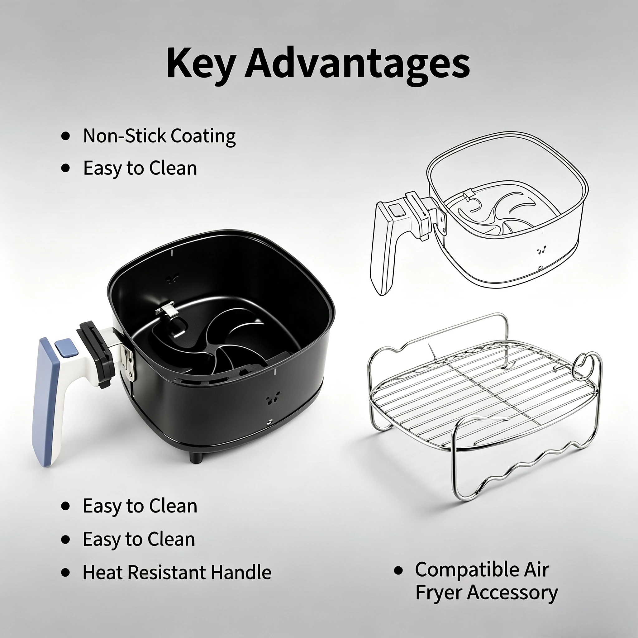 Air Fryer Replacement Basket Baking Pan , Compatible with HD9220 HD9215 HD9216 9230 9233, Non‑Stick Bake Tray Grill Basket