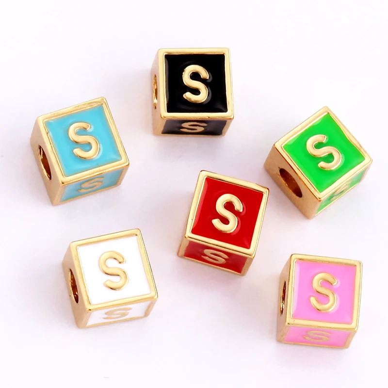 Square Cube Fashion Colorful Enamel Oil Dropped Initial Letter Name A-Z Beads,18K Gold Plated,Jewelry Necklace Findings P15